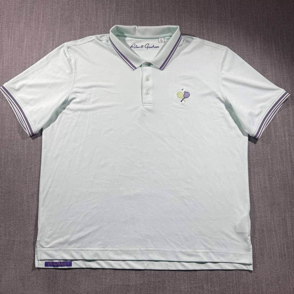 Robert Graham Polo‎ Shirt Mens 2XL Green Classic Fit Tennis Racket Embroidered